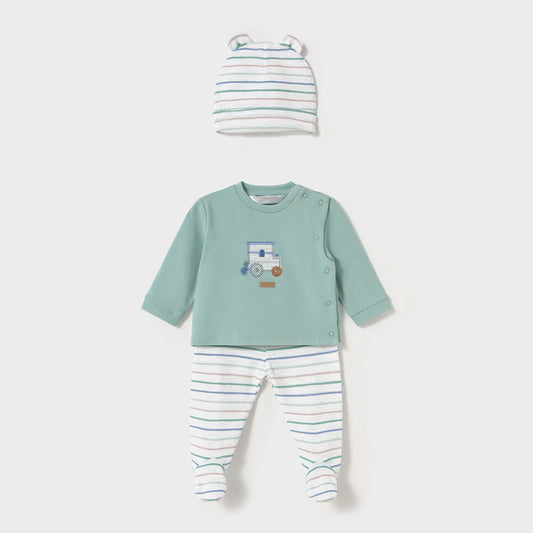 Conjunto 3pz manga larga con gorro para recién nacido, pantalón con pies cerrados, camiseta manga larga con botones laterales, gorro con orejitas - Mayoral