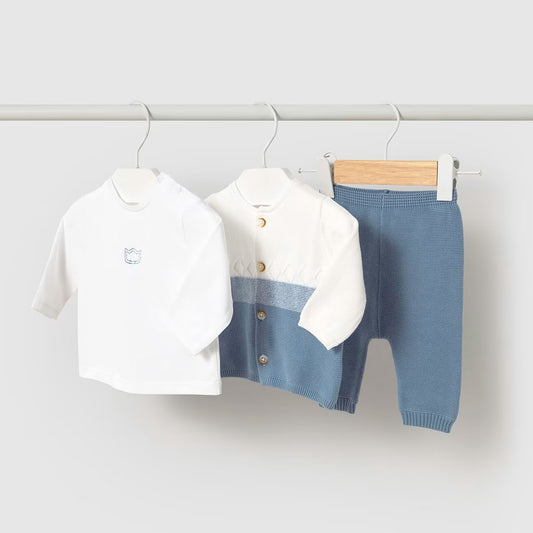Conjunto 3pz buzo y pantalón tejido para recién nacido, camiseta manga larga suave y ligera, buzo en algodón tejido con detalles bordados - Mayoral
