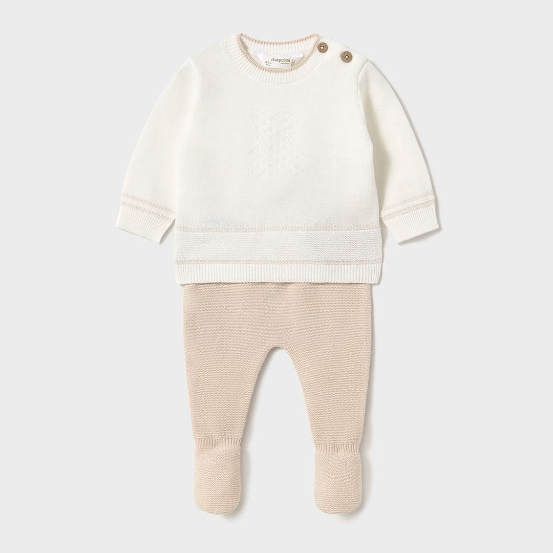 Conjunto tejido manga larga para recién nacido, pantalón con pies cerrados, con detalles bordados, talla pequeña para primer día - Mayoral