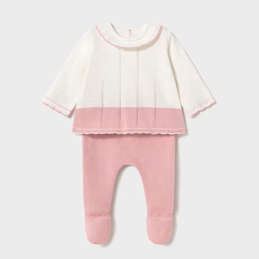 Conjunto 2pz pantalón y buzo tejido para recién nacido, con detalles tejidos, ajuste por botones, pantalón con pies cerrados, en algodón hipoalergénico - Mayoral