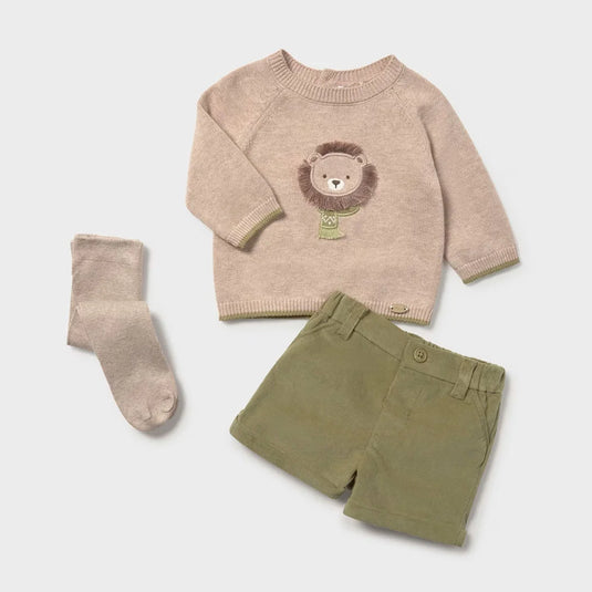 Conjunto short verde, medias y buzo león bordado para bebé, cuello redondo, botones a presión en el hombro para facilitar la puesta, pantalón con cinturilla elástica, bolsillos delanteros decorativos simulados - Mayoral