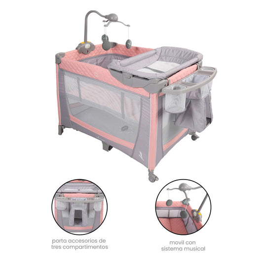Cuna corral con cambiador extraíble, plegable fácil de llevar y convertible a corral de juegos - Premium Baby Toronto Rosa
