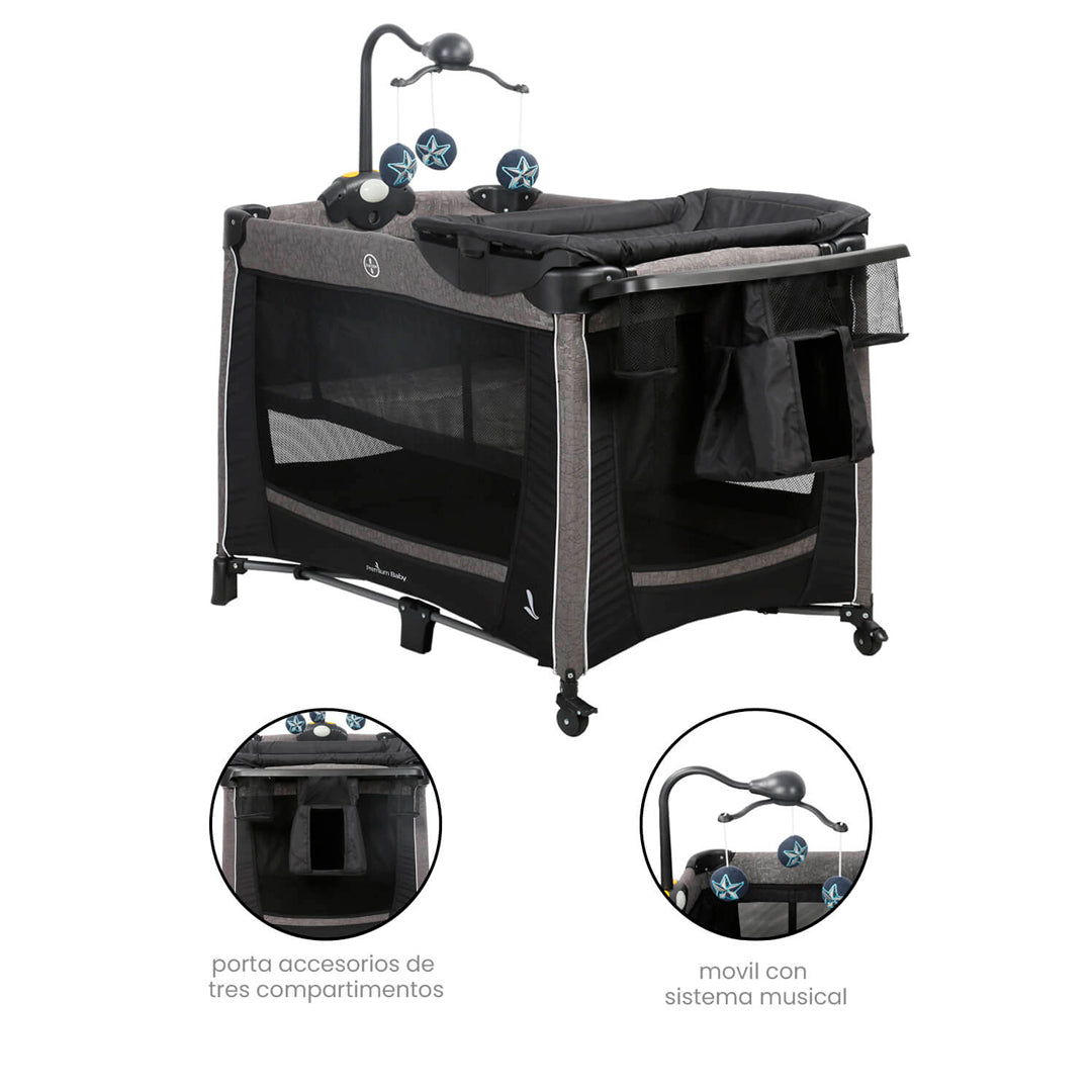 Cuna corral con cambiador extraíble, plegable fácil de llevar y convertible a corral de juegos - Premium Baby Toronto Negro