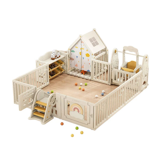Centro de juego con diseño en corral para bebés, espacio de entretenimiento seguro de gran tamaño, casita tipo tienda, columpio, resbaladero con escalera, organizador para juguetes, hecho en material resistente