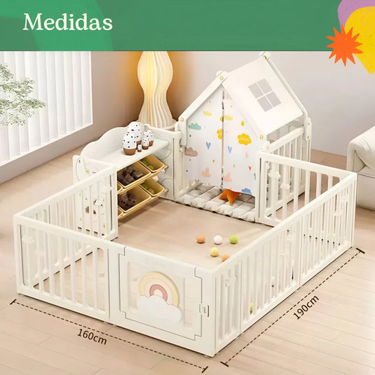 Centro de juego con diseño en corral para bebés, espacio de entretenimiento seguro de gran tamaño, casita tipo tienda, columpio, resbaladero con escalera, organizador para juguetes, hecho en material resistente