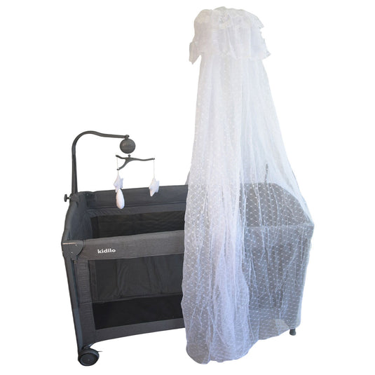 Corral colecho con mosquitero y cambiador, con sistema de plegado, mallas laterales, cambiador ajustable a la estructura, con móvil de peluches - Kidilo