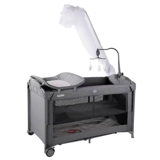 Corral colecho con mosquitero y cambiador, con sistema de plegado, mallas laterales, cambiador ajustable a la estructura, con móvil de peluches - Kidilo