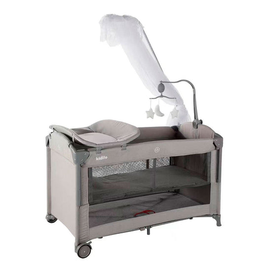 Corral colecho con mosquitero y cambiador, con sistema de plegado, mallas laterales, cambiador ajustable a la estructura, con móvil de peluches - Kidilo