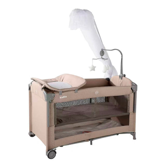 Corral colecho con mosquitero y cambiador, con sistema de plegado, mallas laterales, cambiador ajustable a la estructura, con móvil de peluches - Kidilo