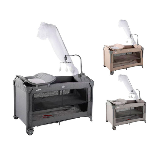 Corral colecho con mosquitero y cambiador, con sistema de plegado, mallas laterales, cambiador ajustable a la estructura, con móvil de peluches - Kidilo