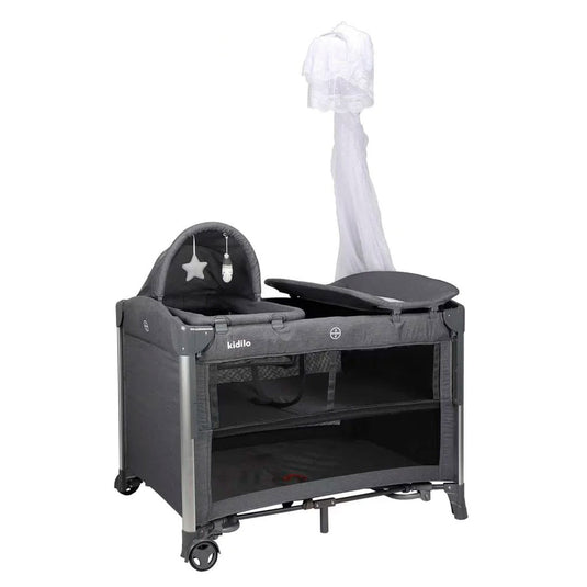 Corral colecho con cambiador y moisés, sistema plegable con bolsa viajera, con ruedas traseras para fácil movimiento, cambiador ajustable a la estructura, con mosquitero retirable - Kidilo