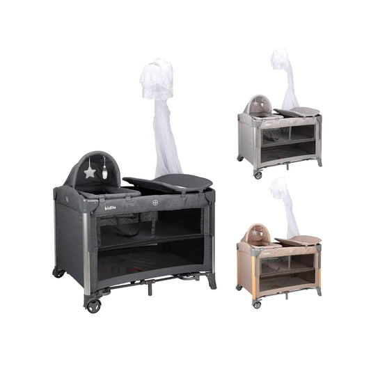 Corral colecho con cambiador y moisés, sistema plegable con bolsa viajera, con ruedas traseras para fácil movimiento, cambiador ajustable a la estructura, con mosquitero retirable - Kidilo