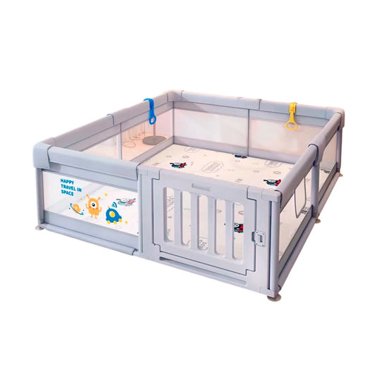 Corral de juego con puerta y malla estampado espacio, puerta con bloqueo de seguridad, de altura ideal para un juego seguro, base antideslizante, maya transpirable y visible a través de ella