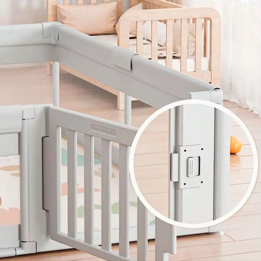 Corral de juego con puerta y malla estampado espacio, puerta con bloqueo de seguridad, de altura ideal para un juego seguro, base antideslizante, maya transpirable y visible a través de ella