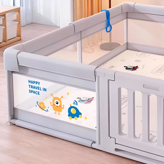 Corral de juego con puerta y malla estampado espacio, puerta con bloqueo de seguridad, de altura ideal para un juego seguro, base antideslizante, maya transpirable y visible a través de ella