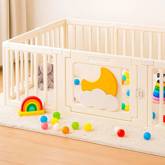 Corral de juego con tapete didáctico de dobleces, puerta con cerradura de seguridad, hecho en material resistente y seguro 100% libre de BPA, centro de juego para bebés
