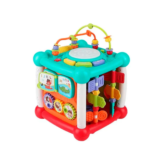 Cubo didáctico multiactividades con conexión Bluetooth, diferentes caras con juegos, piezas de encaje, reconocimiento de diferentes colores, formas y números, funciones de luces y música