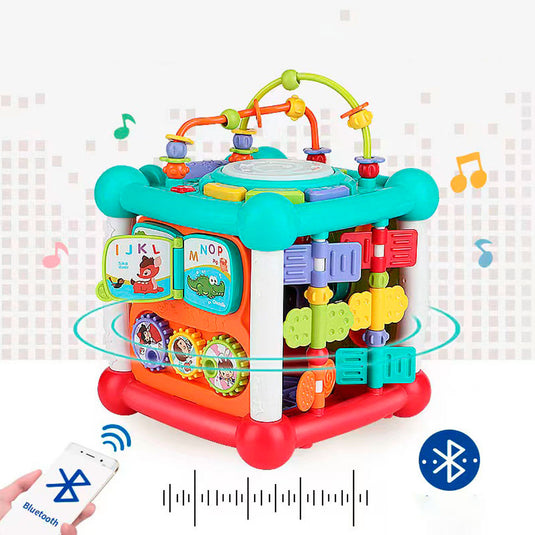 Cubo didáctico multiactividades con conexión Bluetooth, diferentes caras con juegos, piezas de encaje, reconocimiento de diferentes colores, formas y números, funciones de luces y música