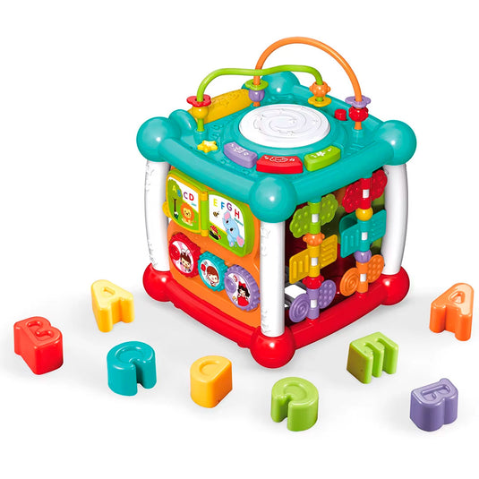Cubo didáctico multiactividades con conexión Bluetooth, diferentes caras con juegos, piezas de encaje, reconocimiento de diferentes colores, formas y números, funciones de luces y música