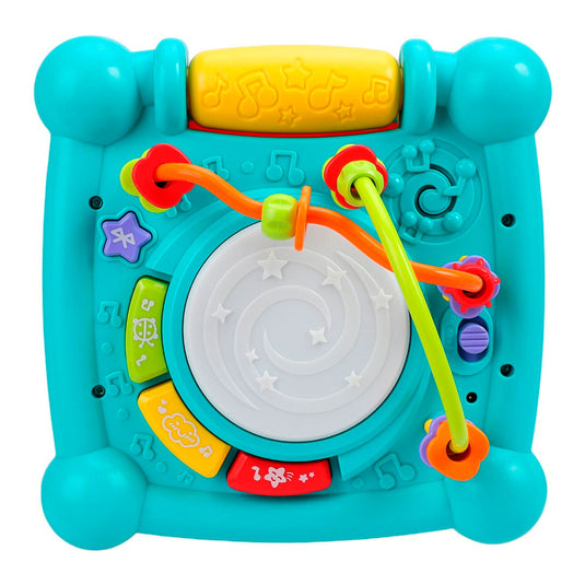 Cubo didáctico multiactividades con conexión Bluetooth, diferentes caras con juegos, piezas de encaje, reconocimiento de diferentes colores, formas y números, funciones de luces y música