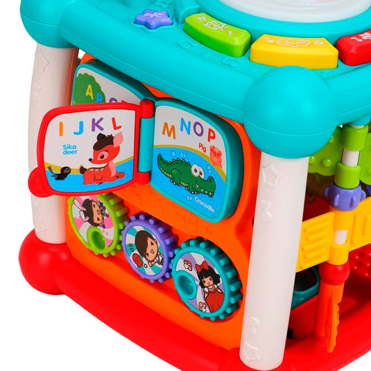 Cubo didáctico multiactividades con conexión Bluetooth, diferentes caras con juegos, piezas de encaje, reconocimiento de diferentes colores, formas y números, funciones de luces y música