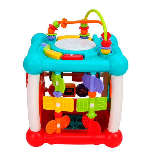 Cubo didáctico multiactividades con conexión Bluetooth, diferentes caras con juegos, piezas de encaje, reconocimiento de diferentes colores, formas y números, funciones de luces y música