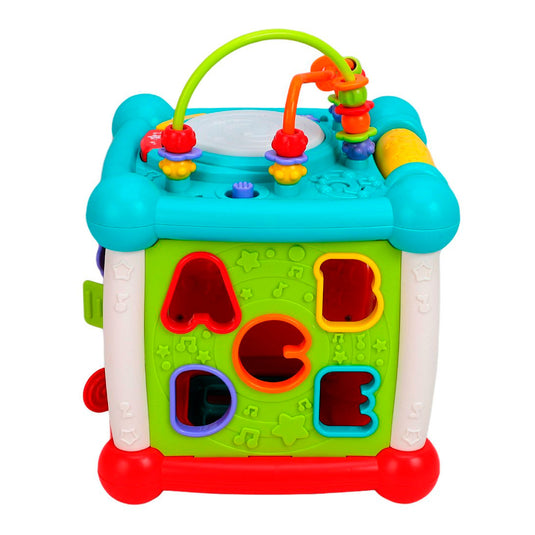 Cubo didáctico multiactividades con conexión Bluetooth, diferentes caras con juegos, piezas de encaje, reconocimiento de diferentes colores, formas y números, funciones de luces y música