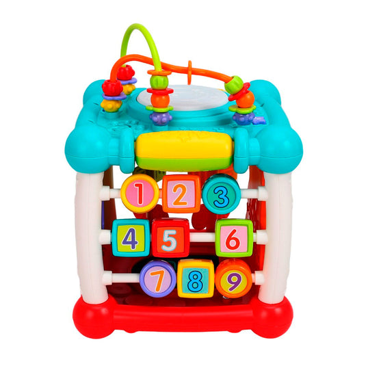Cubo didáctico multiactividades con conexión Bluetooth, diferentes caras con juegos, piezas de encaje, reconocimiento de diferentes colores, formas y números, funciones de luces y música