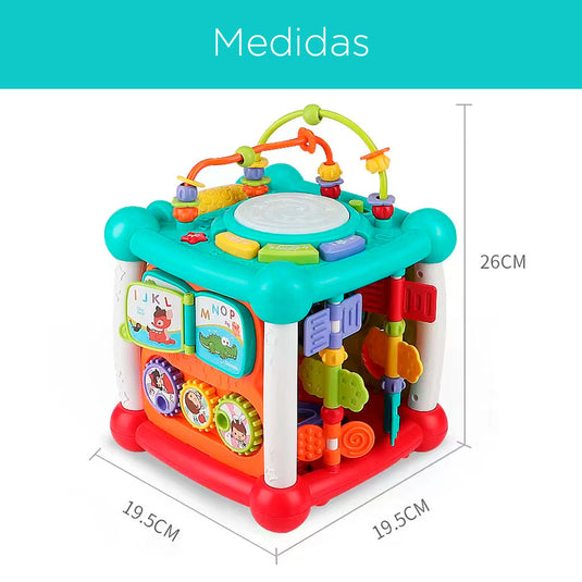 Cubo didáctico multiactividades con conexión Bluetooth, diferentes caras con juegos, piezas de encaje, reconocimiento de diferentes colores, formas y números, funciones de luces y música