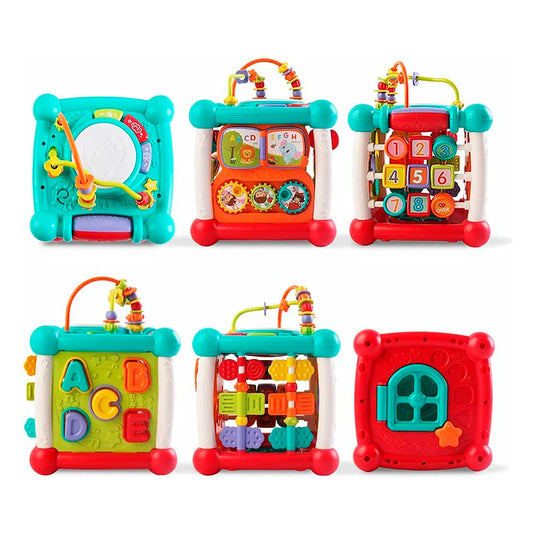 Cubo didáctico multiactividades con conexión Bluetooth, diferentes caras con juegos, piezas de encaje, reconocimiento de diferentes colores, formas y números, funciones de luces y música