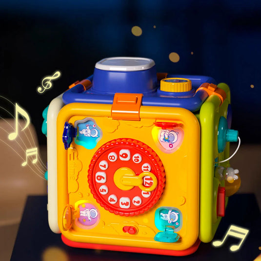 Cubo didáctico multiactividades con luces y sonidos, juguete sensorial con diferentes colores y formas, sin bordes afilados hecho en material 100% libre de BPA, diseño desplegable