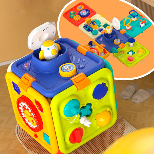 Cubo didáctico multiactividades con luces y sonidos, juguete sensorial con diferentes colores y formas, sin bordes afilados hecho en material 100% libre de BPA, diseño desplegable
