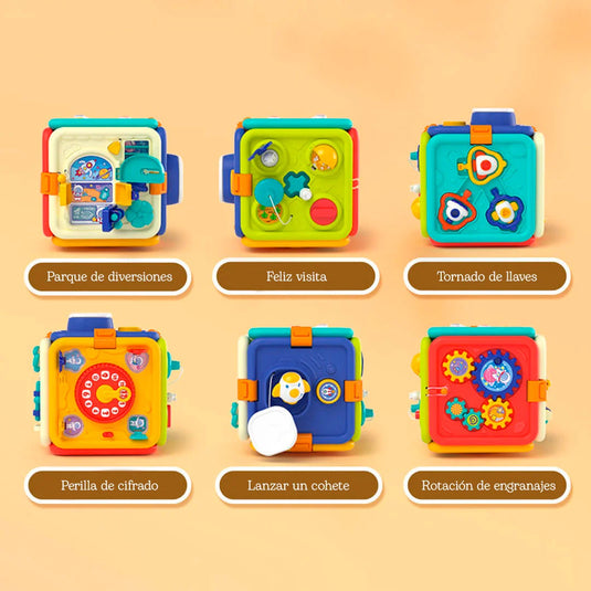 Cubo didáctico multiactividades con luces y sonidos, juguete sensorial con diferentes colores y formas, sin bordes afilados hecho en material 100% libre de BPA, diseño desplegable