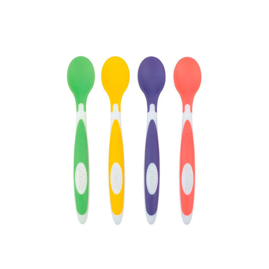 Set x4 cucharas de punta de silicona suave multicolor, flexible y poco profunda, hecha en material de calidad 100% libre de BPA, mango largo, fácil de limpiar - Dr Brown's
