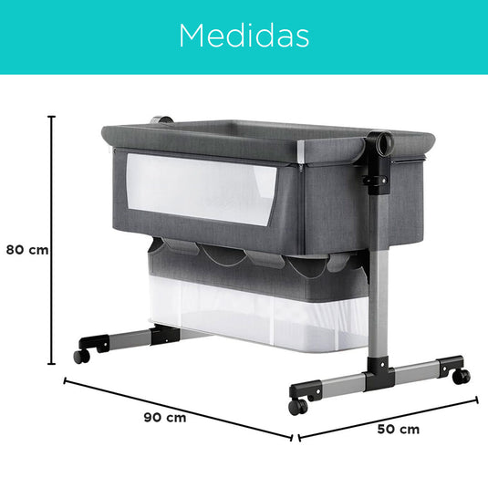 Cuna Colecho de altura ajustable con canasta y mosquitero, cuenta con ruedas con bloqueo de seguridad, material resistente y transpirable