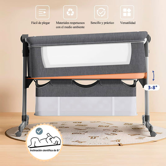 Cuna Colecho de altura ajustable con canasta y mosquitero, cuenta con ruedas con bloqueo de seguridad, material resistente y transpirable
