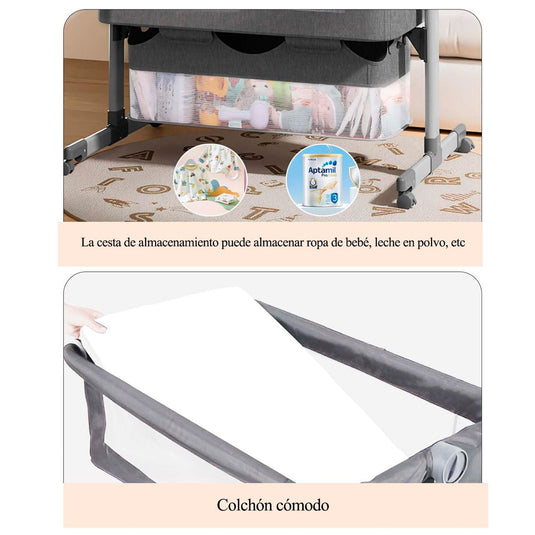 Cuna Colecho de altura ajustable con canasta y mosquitero, cuenta con ruedas con bloqueo de seguridad, material resistente y transpirable