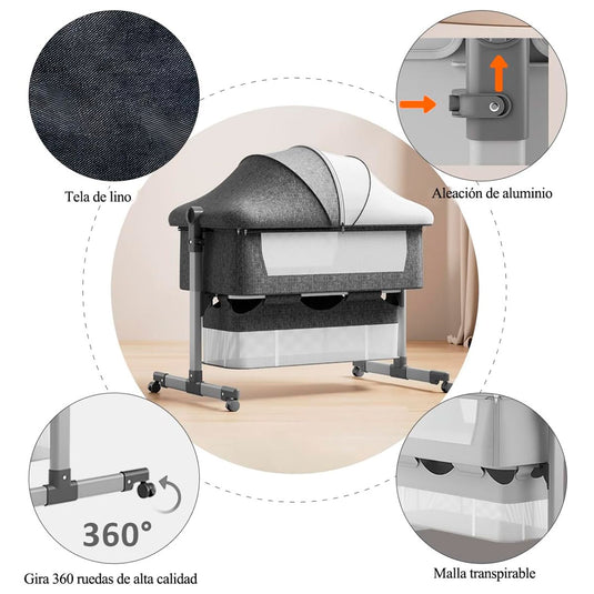 Cuna Colecho de altura ajustable con canasta y mosquitero, cuenta con ruedas con bloqueo de seguridad, material resistente y transpirable
