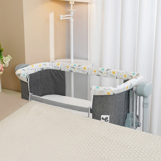 Cuna colecho eléctrica multifuncional con Bluetooth, con altura graduable, ajuste de balanceo por medio de control o panel digital, temporizador, modo corral - CoolBaby