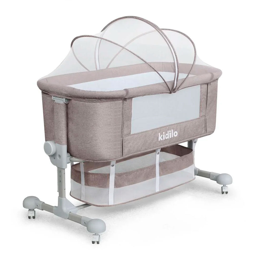 Cuna colecho con altura ajustable, canasta y mosquitero, sistema de plegado, amplio espacio de almacenamiento inferior, con ruedas para facilitar su movilidad, 6 niveles de altura ajustable - Kidilo