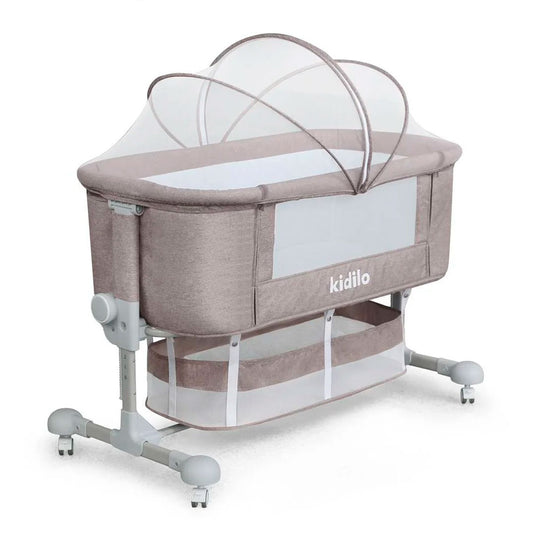 Cuna colecho con altura ajustable, canasta y mosquitero, sistema de plegado, amplio espacio de almacenamiento inferior, con ruedas para facilitar su movilidad, 6 niveles de altura ajustable - Kidilo