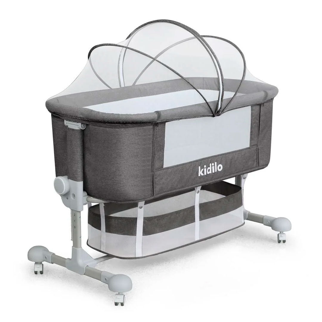 Cuna colecho con altura ajustable, canasta y mosquitero, sistema de plegado, amplio espacio de almacenamiento inferior, con ruedas para facilitar su movilidad, 6 niveles de altura ajustable - Kidilo