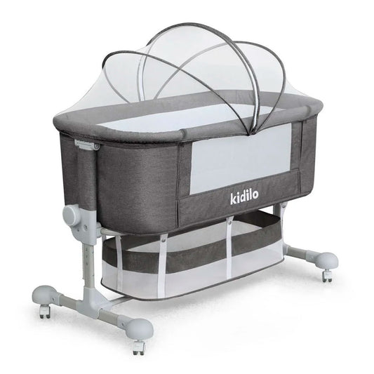 Cuna colecho con altura ajustable, canasta y mosquitero, sistema de plegado, amplio espacio de almacenamiento inferior, con ruedas para facilitar su movilidad, 6 niveles de altura ajustable - Kidilo