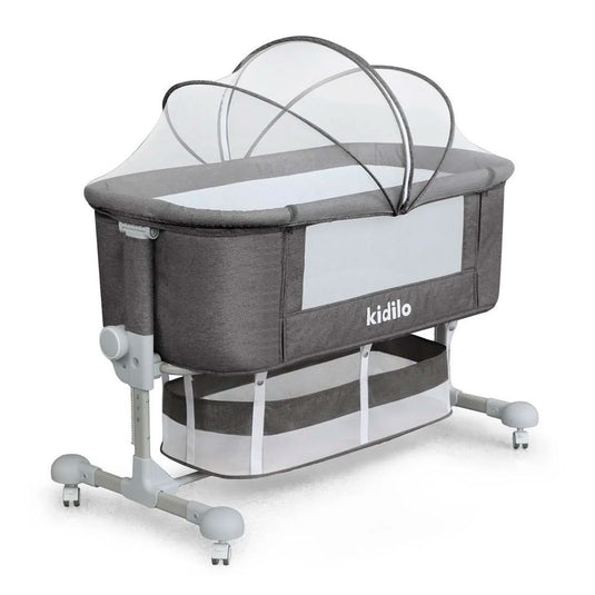 Cuna colecho con altura ajustable, canasta y mosquitero, sistema de plegado, amplio espacio de almacenamiento inferior, con ruedas para facilitar su movilidad, 6 niveles de altura ajustable - Kidilo
