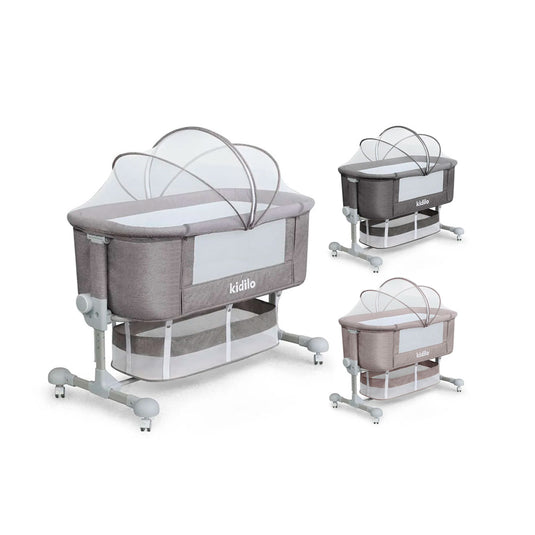 Cuna colecho con altura ajustable, canasta y mosquitero, sistema de plegado, amplio espacio de almacenamiento inferior, con ruedas para facilitar su movilidad, 6 niveles de altura ajustable - Kidilo