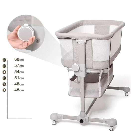 Cuna colecho con altura ajustable, canasta y mosquitero, sistema de plegado, amplio espacio de almacenamiento inferior, con ruedas para facilitar su movilidad, 6 niveles de altura ajustable - Kidilo