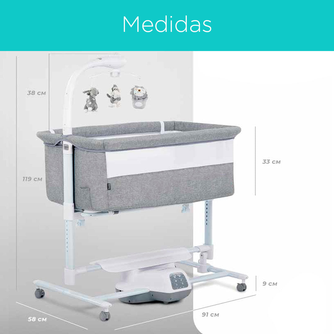 Cuna colecho eléctrica con altura ajustable, con sistema mecedora eléctrica, control a distancia, 8 ajustes de altura y 5 ajustes de velocidad, con juguetes móviles - Kidilo