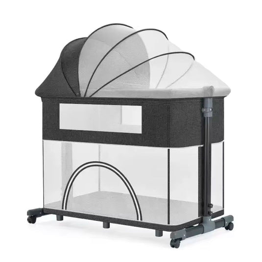 Cuna colecho de 2 niveles y altura ajustable, multifuncional como corral, con sistema plegable, capota con mosquitero, laterales en malla, ruedas para facilitar su movimiento