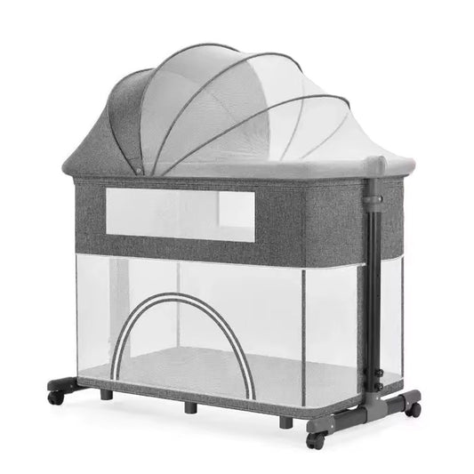 Cuna colecho de 2 niveles y altura ajustable, multifuncional como corral, con sistema plegable, capota con mosquitero, laterales en malla, ruedas para facilitar su movimiento