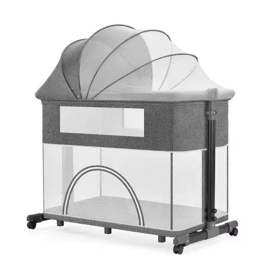Cuna colecho de 2 niveles y altura ajustable, multifuncional como corral, con sistema plegable, capota con mosquitero, laterales en malla, ruedas para facilitar su movimiento